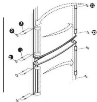 Technical diagram of a mechanical linkage system with numbered components and directional arrows indicating motion or force.