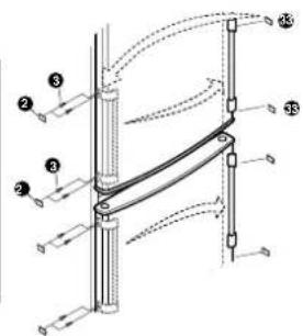 Technical diagram of a mechanical linkage system with numbered components and directional arrows indicating motion or force.