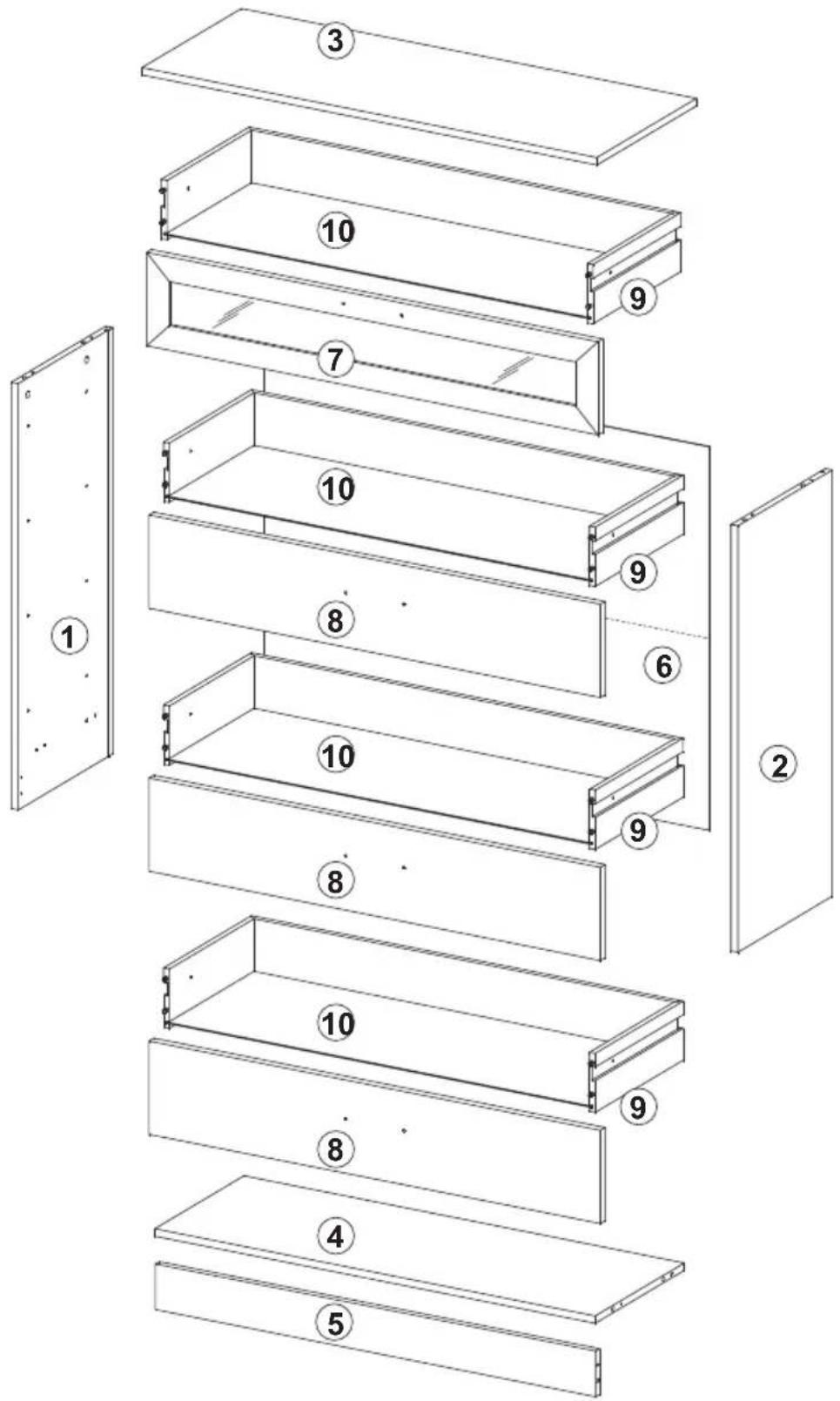 Technical diagram of a multi-level storage or shelf assembly with numbered components, showing structural differences and mounting details.