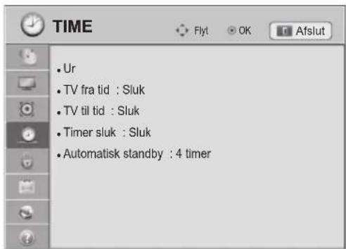 TIME • Ur • TV fra tid : Sluk • TV til tid : Sluk • Timer sluk : Sluk • Automatisk standby : 4 timer