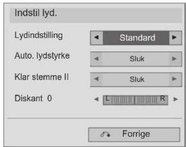 Indstil lyd. Lydindstilling Standard Auto. lydstyrke Sluk Klar stemme II Sluk Diskant 0 L R Forrige