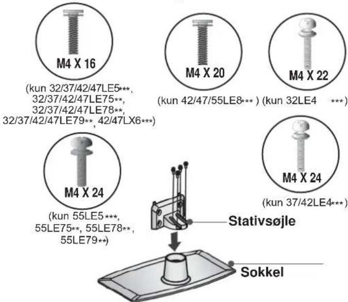 M4 X 16 (kun 32/37/42/47LE5**, 32/37/42/47LE75**, 32/37/42/47LE78**, 32/37/42/47LE79**, 42/47LX6**) M4 X 20 (kun 42/47/55LE8***) (kun 32LE4 ***) M4 X 22 M4 X 24 (kun 37/42LE4***) M4 X 24 (kun 55LE5**, 55LE75**, 55LE78**, 55LE79**) Stativsøjle Sokkel