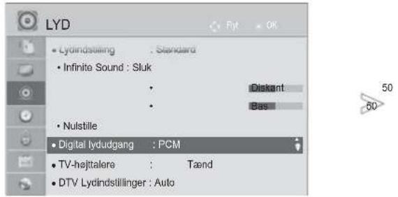 LYD • Lydindstilling : Standard • Infinito Sound : Sluk • • • Nulstille • Digital lydudgang : PCM • TV-højtalere : Tænd • DTV Lydindstillinger : Auto