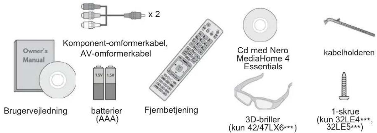 Owner's Manual x 2 Komponent-omformerkabel, AV-omformerkabel Brugervejledning batterier (AAA) Fjernbetjening Cd med Nero MediaHome 4 Essentials kabelholderen 3D-briller (kun 42/47LX6***) 1-skrue (kun 32LE4***, 32LE5***)