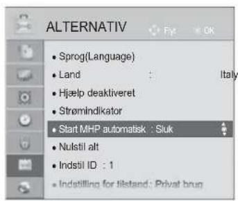 ALTERNATIV Sprog(Language) Land Hjælp deaktiveret Strømindikator Start MHP automatisk : Sluk Nulstil alt Indstil ID : 1 Indstilling for tilstand: Privat brug