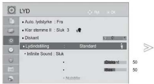 LYD • Auto. lydstyrke : Fra • Klar stemme II : Sluk 3 • Diskant • Lydindstilling : Standard • Infinite Sound : Sluk • Diskant 50 • Bas 50 • Nullstille