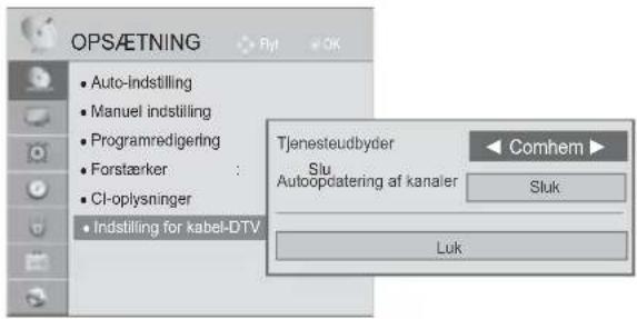 OPS/ETNING • Auto-Indstilling • Manuel indstilling • Programredigering • Forstærker : • Cl-oplysninger • Indstilling for kabel-DTV Tjenesteudbyder Siu Autoopdatering af kanaler Comhem ▶ Sluk Luk