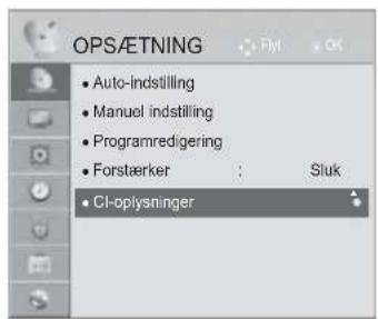 OPS/ETNING • Auto-Indstilling • Manuel indstilling • Programredigering • Forstærker : Sluk • CI-oplysninger