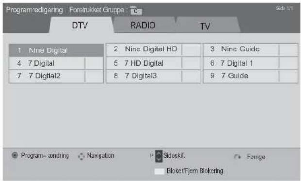 Programredigering Fonstrukket Gruppe DTV RADIO TV 1 Nine Digital 2 Nine Digital HD 3 Nine Guide 4 7 Digital 5 7 HD Digital 6 7 Digital 1 7 7 Digital2 8 7 Digital3 9 7 Guide Program- sendring Navigation P Slideskilt Fornge Bloker/Fjem Blokering