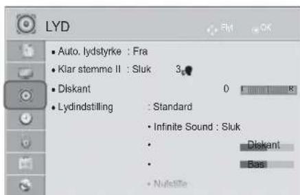 LYD • Auto. lydstyrke : Fra • Klar stemme II : Sluk 3 • Diskant 0 Standard 8 • Lydindstilling : Standard • Infinite Sound : Sluk • Diskant • Bas • Nulstille