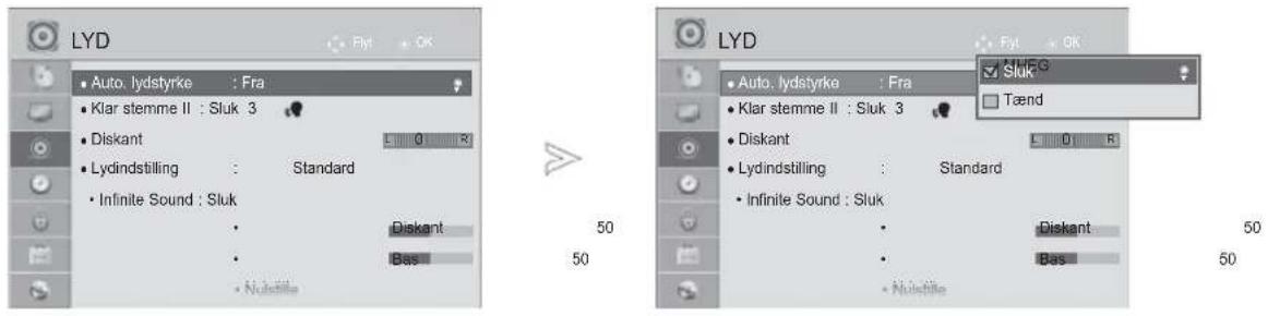 LYD • Auto. lydstyrke : Fra • Klar stemme II : Sluk 3 • Diskant • Lydindstilling : Standard • Infinite Sound : Sluk • Diskant • Bas • Nucleite LYD • Auto. lydstyrke : Fra • Klar stemme II : Sluk 3 • Diskant • Lydindstilling : Standard • Infinite Sound : Sluk • Diskant • Bas • Nucleite SLUK Tænd