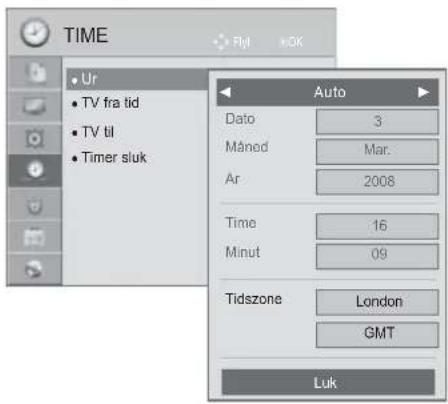 TIME • Ur • TV fra tid • TV til • Timer sluk Auto Dato 3 Måned Mar. Ar 2008 Time 16 Minut 09 Tidszone London GMT Luk