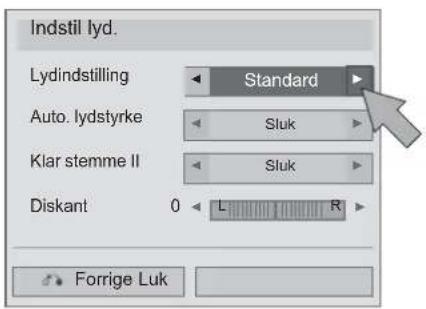 Indstil lyd. Lydindstilling Standard Auto. lydstyrke Sluk Klar stemme II Sluk Diskant 0 L R Forrige Luk