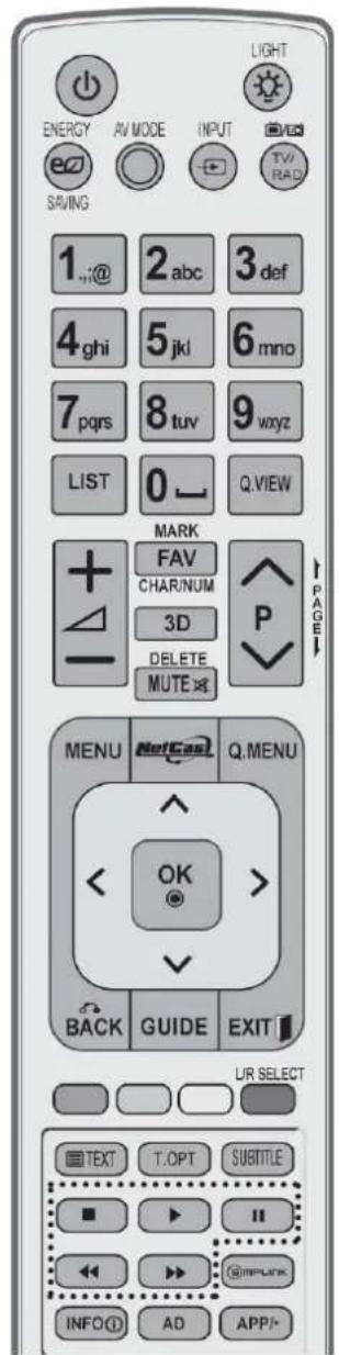 LIGHT ENERGY AV MODE INPUT TV/RAD SAVING 1...@ 2 abc 3 def 4 ghi 5 jkl 6 mno 7 pqrs 8 tuv 9 wxyz LIST 0 Q VIEW MARK FAV CHAR/NUM 3D DELETE MUTE ✗ P PAGE MENU NotCan Q MENU < OK > BACK GUIDE EXIT LIR SELECT TEXT T.OPT SUBTITLE ■ ▶ II ←→ > @implink INFO① AD APP/-