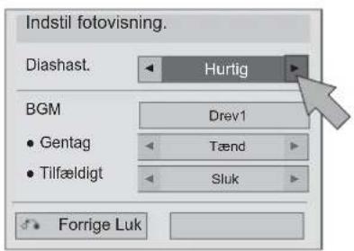 Indstil fotovisning. Diashast. Hurtig BGM Drev1 • Gentag Tænd • Tilfældigt Sluk Forrige Luk