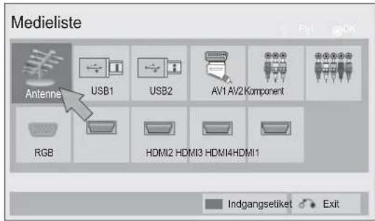 Medieliste Antenna USB1 USB2 AV1 AV2 Component RGB HDMI2 HDMI3 HDMI4HDMI1 Indgangsetiket Exit