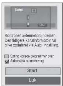 Kandrol Kandrol Kandrol Antenneforbindelsen. Den tidligere kanalinformation vil: blive opdateral via Auto. indstilling. Spring kocode programmer over Automatisk nummetering Start Luk