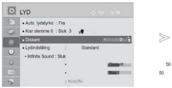 LYD • Auto. lydstyrke : Fra • Klar stemme II : Sluk 3 • Diskant • Lydindstilling : Standard • Infinite Sound : Sluk • Diskant • Bas • Nulstille