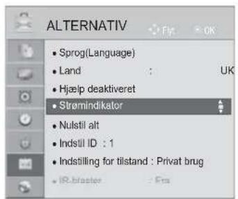 ALTERNATIV • Sprog(Language) • Land : UK • Hjælp deaktiveret • Strømindikator • Nulstil alt • Indstil ID : 1 • Indstilling for tilstand : Privat brug • IR blaster : Fms
