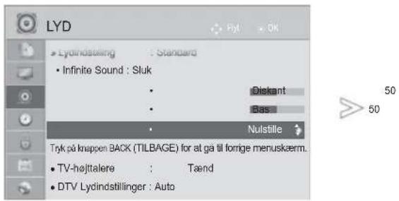 LYD Lydindstelling : Standard • Infinite Sound : Sluk • Diskant • Bas • Nulstille Tryk på knappen BACK (TILBAGE) for at gå til forrige menuskærm. • TV-højttalere : Tænd • DTV Lydindstillinger : Auto