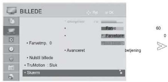 BILLEDE • Farvetmp. 0 • Nulstil billede • TruMotion : Sluk • Skærm Farve Farvetone AVanceret betjening 60 0