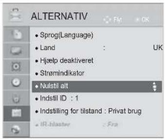 ALTERNATIV • Sprog(Language) • Land : UK • Hjelp deaktiveret • Strømlindikator • Nulstil alt • Indstil ID : 1 • Indstilling for tilstand : Privat brug • IR-blaster : Fra