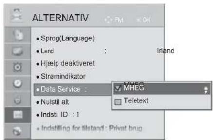ALTERNATIV Sprog(Language) Land : Irland Hjælp deaktiveret Strømindikator Data Service : Nulstil alt Indstil ID : 1 Indstilling for tileand : Privat brug