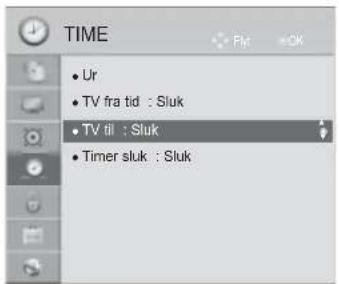 TIME • Ur • TV fra tid : Sluk • TV til : Sluk • Timer sluk : Sluk