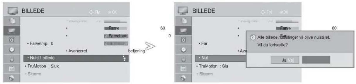 BILLEDE Flyt OK Farve Farvetore Farvets Avanceret betjening 60 0 BILLEDE FM OK Farve Farvets Nulstil billede TruMotion : Sluk Skænn Alle billedeinbilledinger vil blive nulstillet. Vil du fortsætte? Ja Nej