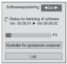 Softwareopdatering Status for hentning af software. Ver. 00.00.01 ▶ Ver.00.00.02 4% Kontroller for opdaterede versioner Luk
