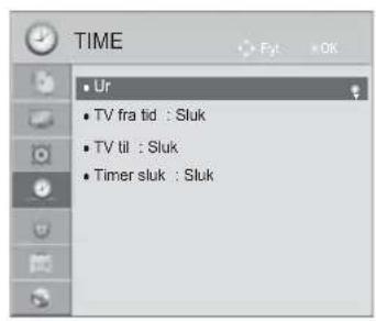TIME • Ur • TV fra tid : Sluk • TV til : Sluk • Timer sluk : Sluk