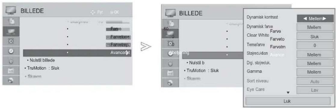 BILLEDE Fly OK Favro Farvetone Farvetmp Avancerjet Nulstil billede TruMotion : Sluk Skarm BILLEDE 60 0 0 overbanning Nulstil b TruMotion : Sluk Skarm Dynamisk kontrast Delamisk farve Clear White Farve Temafarve Farveto Stojreduktion Avance Dgl. stojreduk. Gamma Sort niveau Eye Care Mellem Mellem Sluk 0 Mellem Mellem Mellem Auto Lav Luk