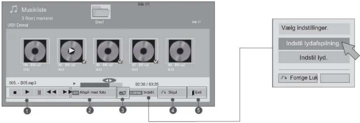 Musikliste 3 filter) markeret USB1 External Drev1 Sds 1/1 Vælg indstillinger. Indstil lydafspilning. Indstil lyd. Forrige Luk 005 - B05.mp3 02:30 / 03:25 Afspil med foto MENU Indstil. Skjul Exit