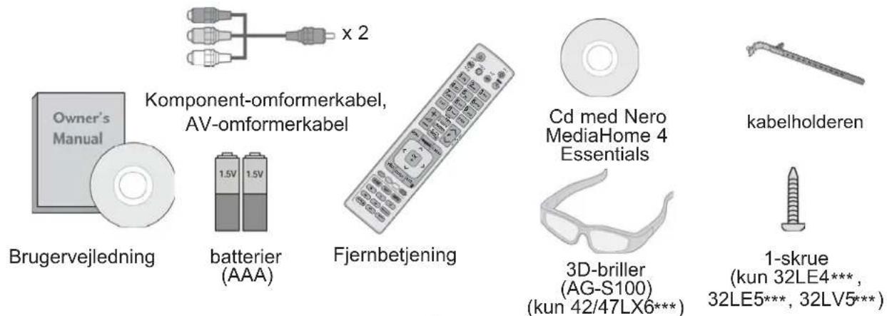 Owner's Manual x 2 Komponent-omformerkabel, AV-omformerkabel Brugervejledning batterier (AAA) Fjernbetjening Cd med Nero MediaHome 4 Essentials kabelholderen 3D-briller (AG-S100) (kun 42/47LX6***) 1-skrue (kun 32LE4*** , 32LE5*** , 32LV5***)