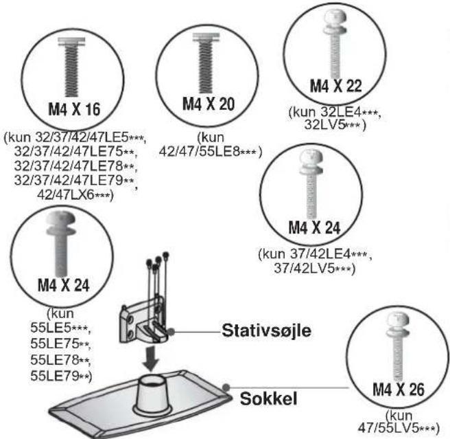 M4 X 16 (kun 32/37/42/47LE5***, 32/37/42/47LE75**, 32/37/42/47LE78**, 32/37/42/47LE79**, 42/47LX6**) M4 X 20 (kun 42/47/55LE8**) M4 X 22 (kun 32LE4***, 32LV5**) M4 X 24 (kun 37/42LE4***, 37/42LV5**) M4 X 24 (kun 55LE5***, 55LE75**, 55LE78**, 55LE79**) Stativsøjle Sokkel M4 X 26 (kun 47/55LV5**)