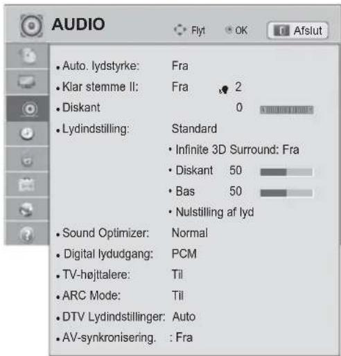 AUDIO • Auto. lydstyrke: Fra • Klar stemme II: Fra 2 • Diskant 0 • Lydindstilling: Standard • Infinite 3D Surround: Fra • Diskant 50 • Bas 50 • Nulstilling af lyd • Sound Optimizer: Normal • Digital lydudgang: PCM • TV-højttalere: Til • ARC Mode: Til • DTV Lydindstillinger: Auto • AV-synkronisering: : Fra
