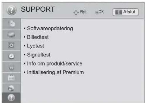 SUPPORT • Softwareopdatering • Billedtest • Lydtest • Signaltest • Info om produkt/service • Initialisering af Premium