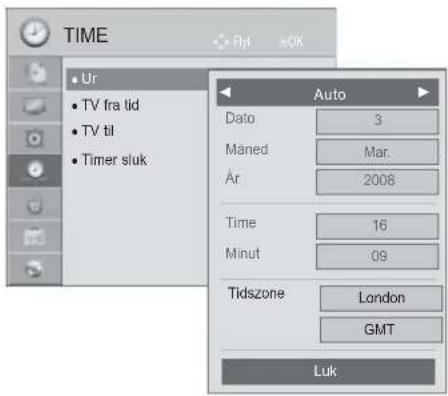 TIME • Ur • TV fra tid • TV til • Timer sluk Auto Dato 3 Måned Mar. År 2008 Time 16 Minut 09 Tidszone London GMT Luk