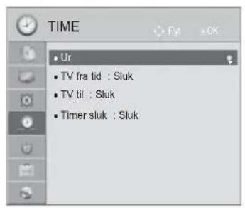 TIME • Ur • TV fra tid : Sluk • TV til : Sluk • Timer sluk : Sluk