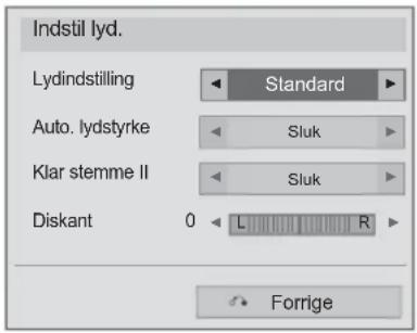Indstil lyd. Lydindstilling Standard Auto. lydstyrke Sluk Klar stemme II Sluk Diskant 0 L R Forrige
