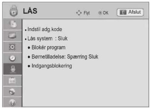 LÅS • Indstil adg. code • Lås system : Sluk • Blokér program • Børnetilladelse: Spæring Sluk • Indgangsblokering