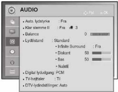 AUDIO • Auto. lydstyrke : Fra • Klar stemme II : Fra 3 • Balance 0 • Lydlstand : Standard • Infinite Sumround : Fra • Diskant 50 • Bas 50 • Nutstill • Digital lydudgang: PCM • TV-hojtaler : Til • DTV-lydindstillinger: Auto