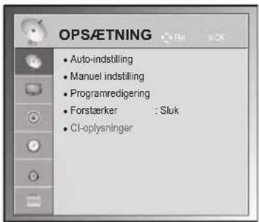 OPSÆTNING • Auto-indstilling • Manuel indstilling • Programredigering • Forstærker : Sluk • Cl-oplysninger