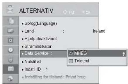 ALTERNATIV Sprog(Language) Land : Ireland Hjælp deaktiveret Strømindikator Data Service : Nulstil alt Indstil ID : 1 Indstilling for tileand : Privat brug MHEG Teletext