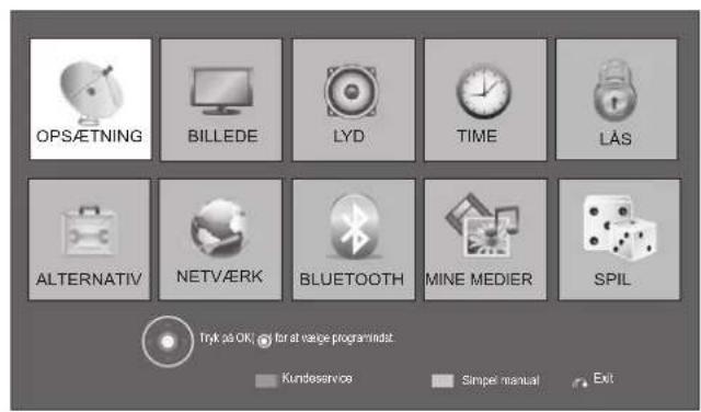 OPSÆTNING BILLEDE LYD TIME LÅS ALTERNATIV NETVÆRK BLUETOOTH MINE MEDIER SPIL Tryk at OK! for at range programindst Kunteservice Simple manual Exit