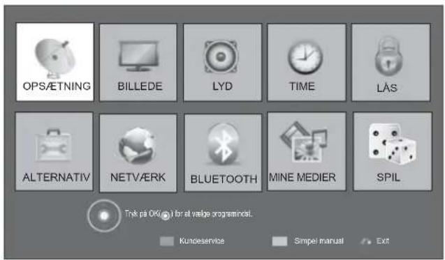 OPS/ETNING BILLEDE LYD TIME LÄS ALTERNATIV NETVÆRK BLUETOOTH MINE MEDIER SPIL Tryk på Opti: For at vedge programindst. Kunceservice Simpel manual Ext