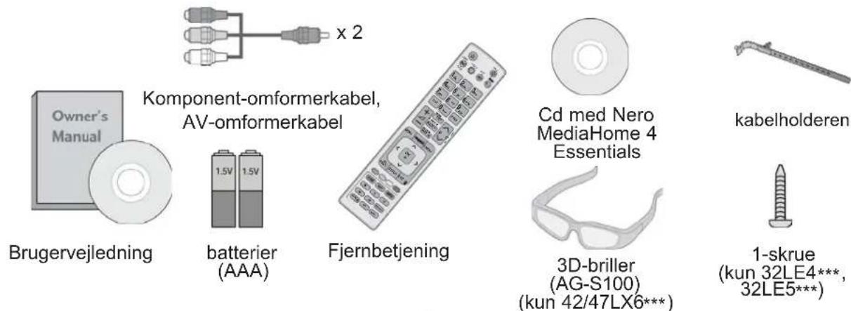 Owner's Manual x 2 Komponent-omformerkabel, AV-omformerkabel Brugervejledning batterier (AAA) Fjernbetjening Cd med Nero MediaHome 4 Essentials kabelholderen 3D-briller (AG-S100) (kun 42/47LX6***) 1-skrue (kun 32LE4***, 32LE5***)