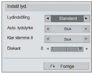 Indstil lyd. Lydindstilling Standard Auto. lydstyrke Sluk Klar stemme II Sluk Diskant 0 L R Forrige