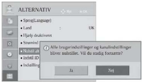ALTERNATIV • Sprog(Language) • Land : UK • Hjælp deakdiveret • Strumind • Nulstil alt • Indstil ID • Indstilling Alle brugerindstillinger og kanalindstillinger bliver nulstillet. Vil du stadig fortsætte? Ja Nej