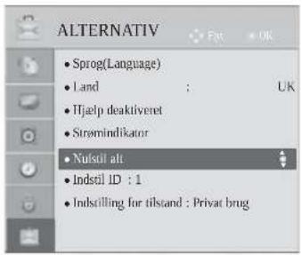 ALTERNATIV • Sprog(Language) • Land : UK • Itjelp deaktiveret • Stromindikator • Nulstil alt • Indstil ID : 1 • Indstilling for tilstand : Privat brug